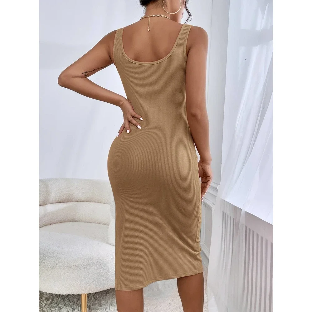 Square neck Ribbed Knit Split Thigh Tank midi Dress royal blue - Picture 11 of 15